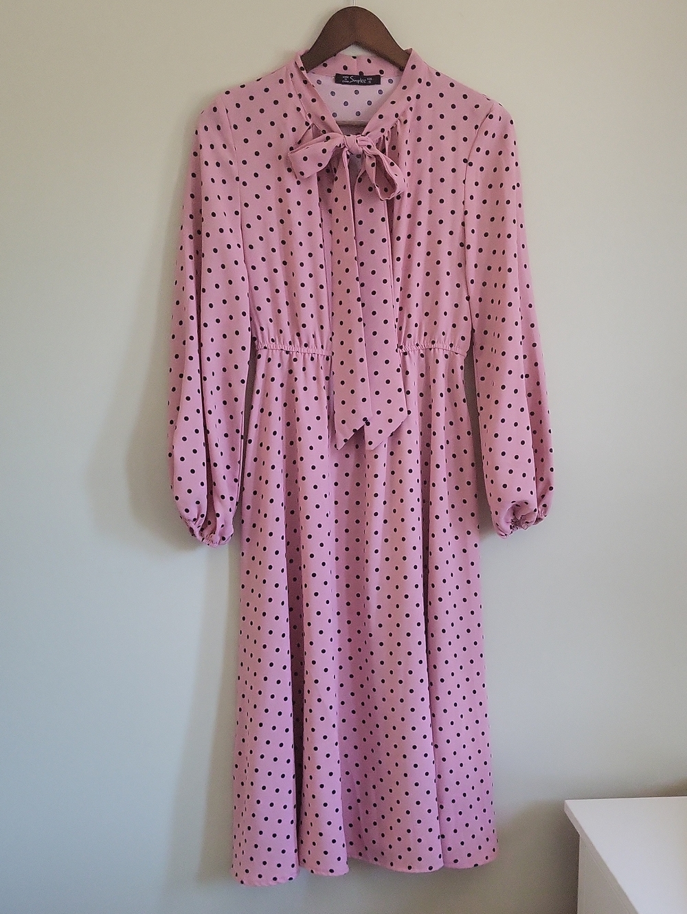 Simplee Printed Midi Dress With Long Sleeves, Pink & Black Polka Dots, Size S
